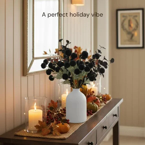 Black Faux Kiku Flowers for Vase 10 Long Stem Artificial Flowers with Eucalyptus - Picture 4 of 6